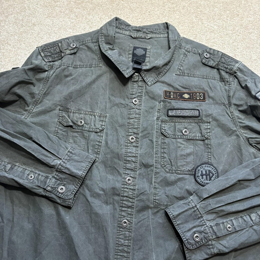 Harley Davidson Shirt Mens 3XL Green Black Label Military Patches LS Button Up‎